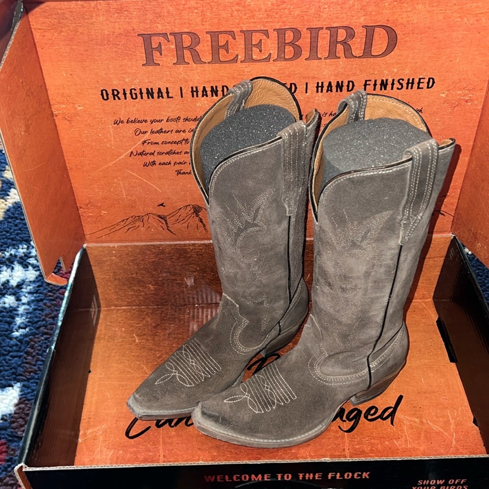 freebird Brown Suede Heeled Cowboy Boots